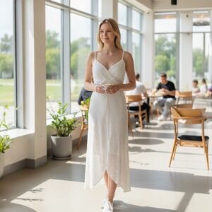 GUESS White Textured Chevron Mesh Maxi Dress Surplice V-Neck